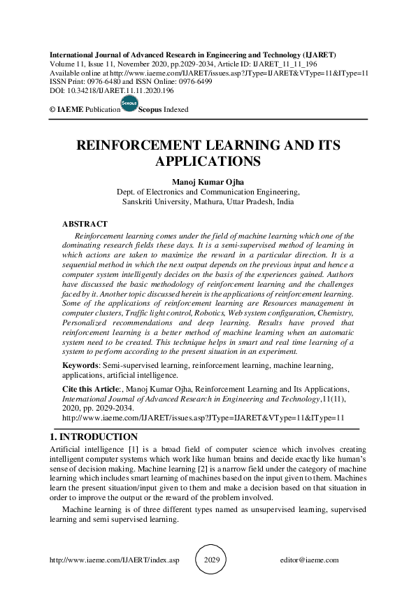 (PDF) REINFORCEMENT LEARNING AND ITS APPLICATIONS