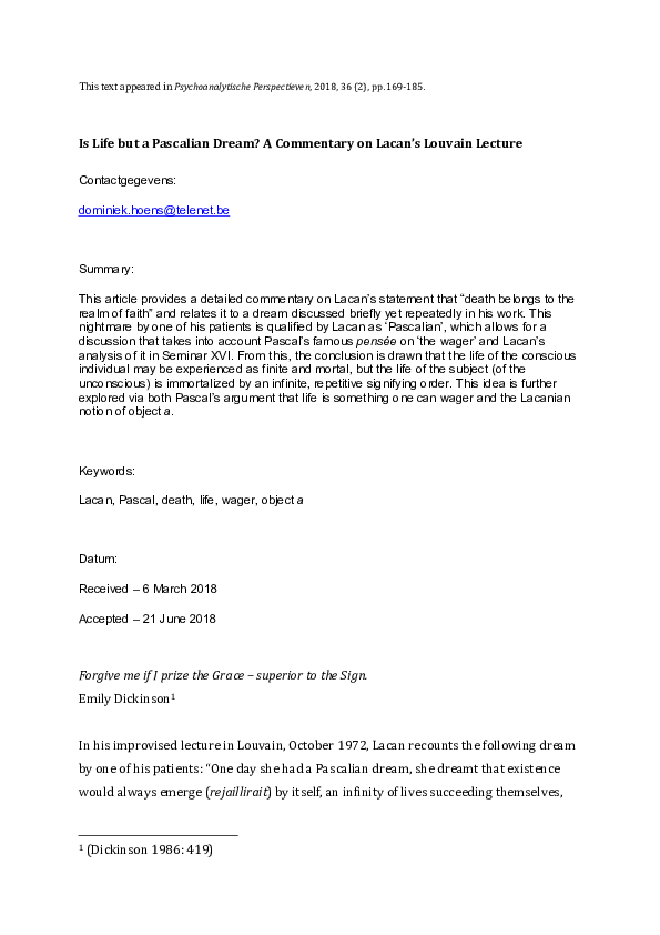 (PDF) Is Life But a Pascalian Dream? A Commentary on Lacan’s Louvain ...