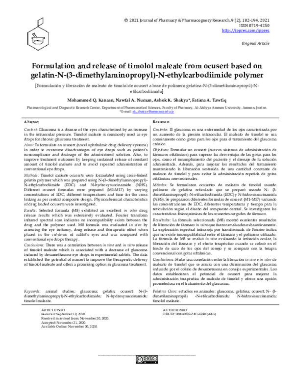 (PDF) Formulation and release of timolol maleate from ocusert based on ...