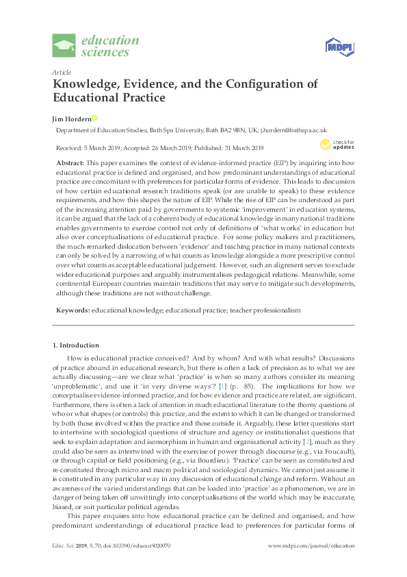 (PDF) Knowledge, Evidence, and the Configuration of Educational Practice