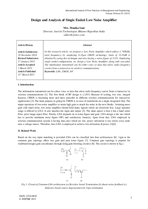 (PDF) Design and Analysis of Single Ended Low Noise Amplifier