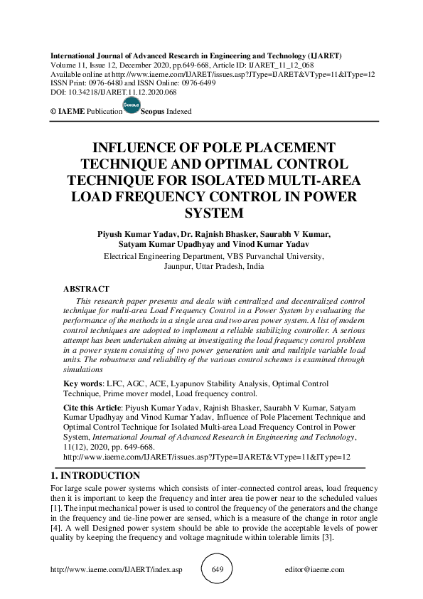 (PDF) INFLUENCE OF POLE PLACEMENT TECHNIQUE AND OPTIMAL CONTROL ...