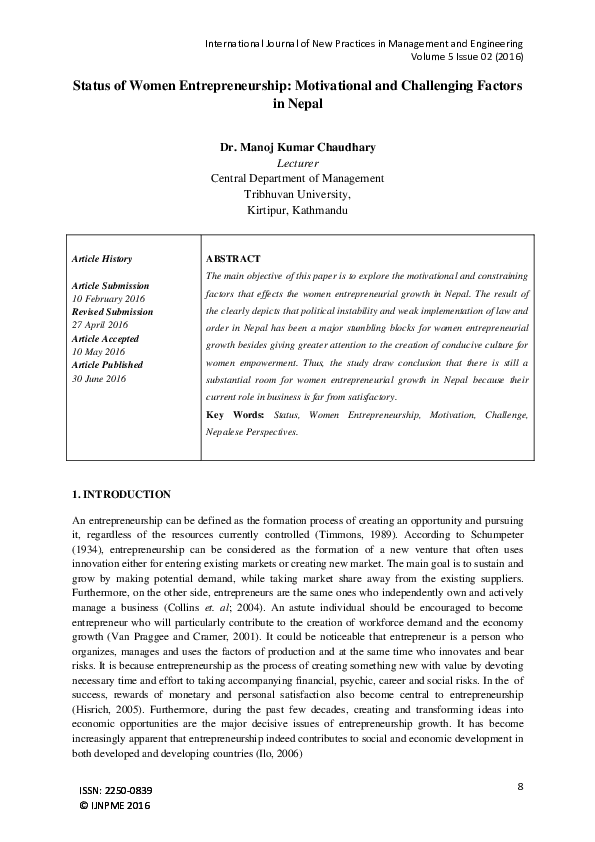 (PDF) Status of Women Entrepreneurship: Motivational and Challenging ...