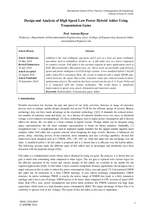 (PDF) Design and Analysis of High Speed Low Power Hybrid Adder Using ...