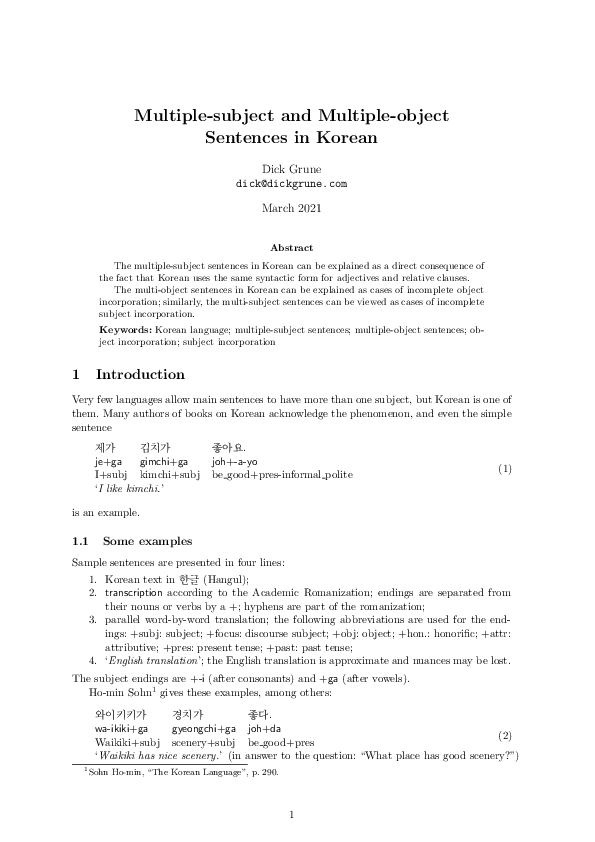 (PDF) Multiple-subject and Multiple-object Sentences in Korean (updated ...
