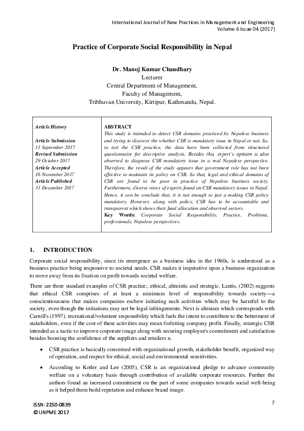 (PDF) Practice of Corporate Social Responsibility in Nepal