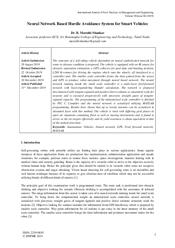 (PDF) Neural Network Based Hurdle Avoidance System for Smart Vehicles