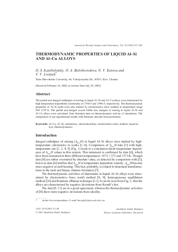 (PDF) Thermodynamic properties of liquid Al–Si and Al–Cu alloys