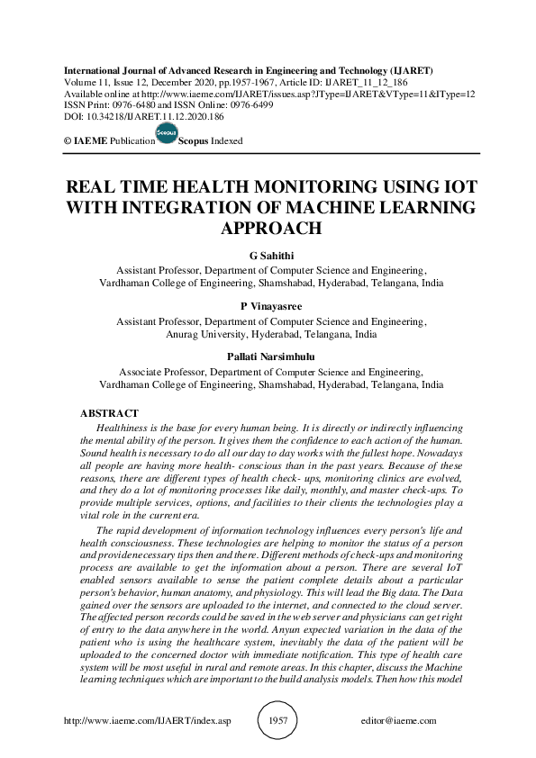 (PDF) REAL TIME HEALTH MONITORING USING IOT WITH INTEGRATION OF MACHINE ...