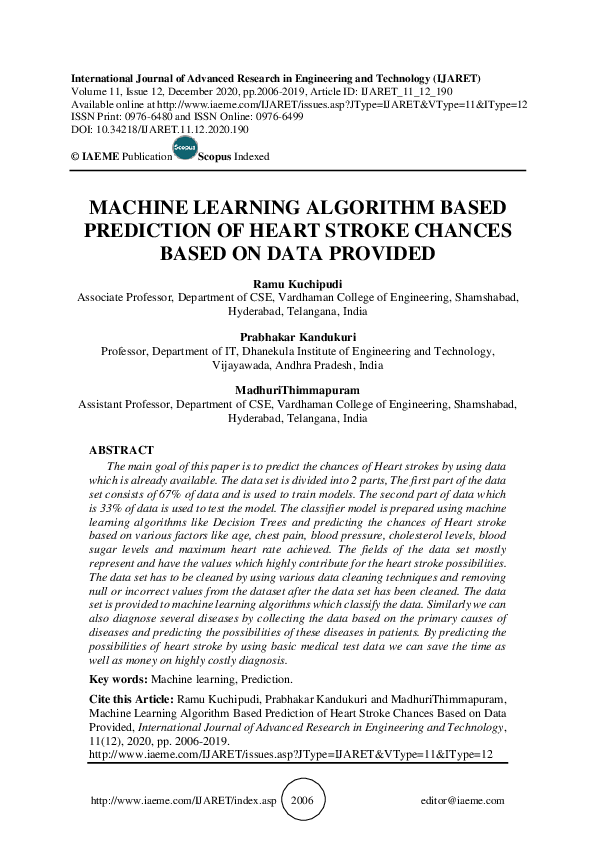 (PDF) MACHINE LEARNING ALGORITHM BASED PREDICTION OF HEART STROKE ...