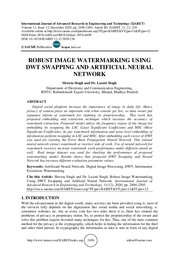 (PDF) ROBUST IMAGE WATERMARKING USING DWT SWAPPING AND ARTIFICIAL ...