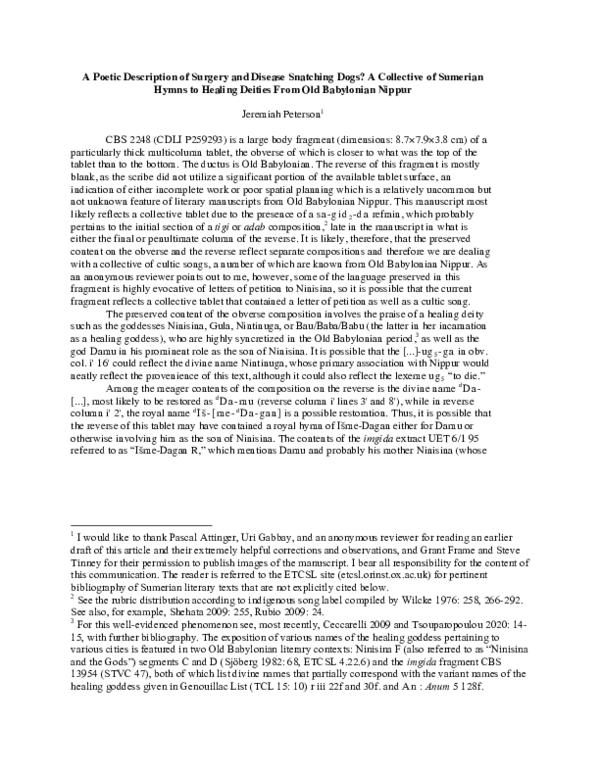 First page of “A Poetic Description of Surgery and Disease Snatching Dogs? A Collective of Sumerian Hymns to Healing Deities From Old Babylonian Nippur (Author Draft, published Oriens Antiquus 2 2020))”