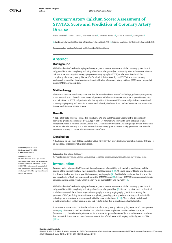 (PDF) Coronary Artery Calcium Score: Assessment of SYNTAX Score and ...