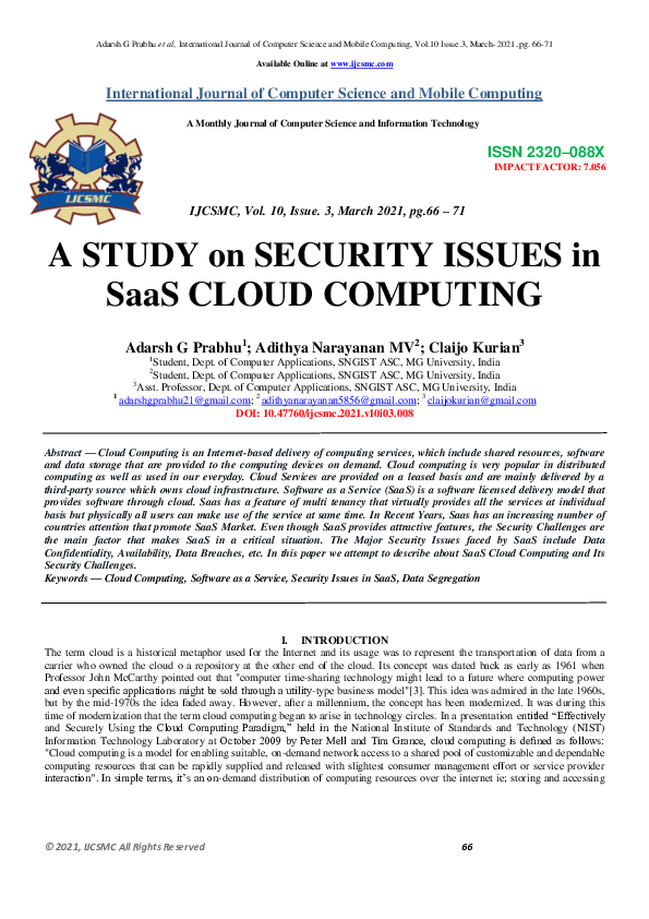 (PDF) A STUDY on SECURITY ISSUES in SaaS CLOUD COMPUTING﻿