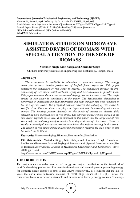 (PDF) SIMULATION STUDIES ON MICROWAVE ASSISTED DRYING OF BIOMASS WITH ...