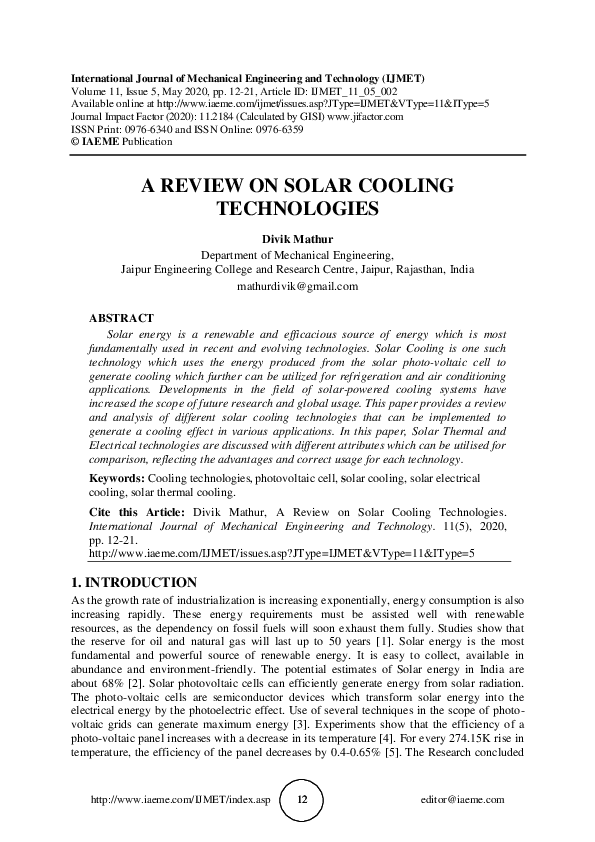 (PDF) A REVIEW ON SOLAR COOLING TECHNOLOGIES