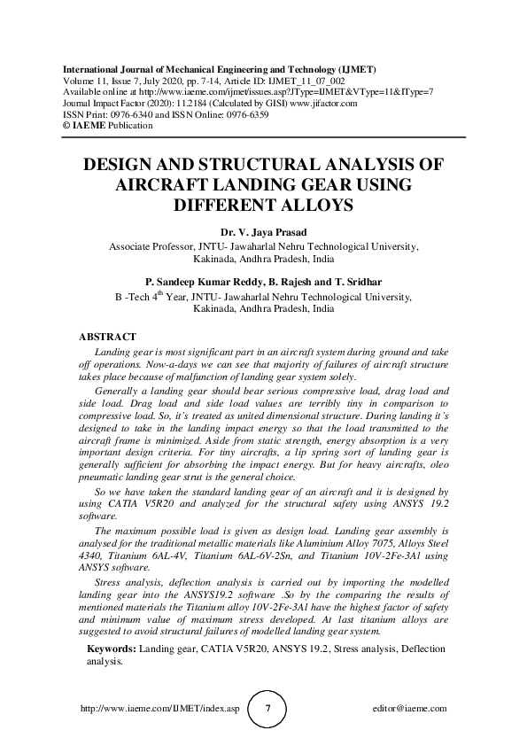 (PDF) DESIGN AND STRUCTURAL ANALYSIS OF AIRCRAFT LANDING GEAR USING