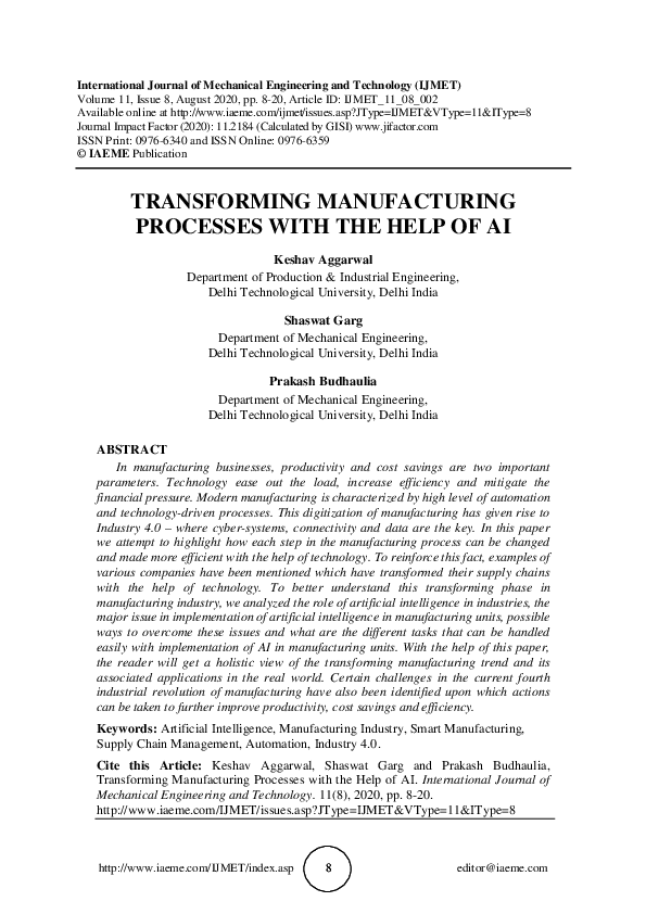(PDF) TRANSFORMING MANUFACTURING PROCESSES WITH THE HELP OF AI