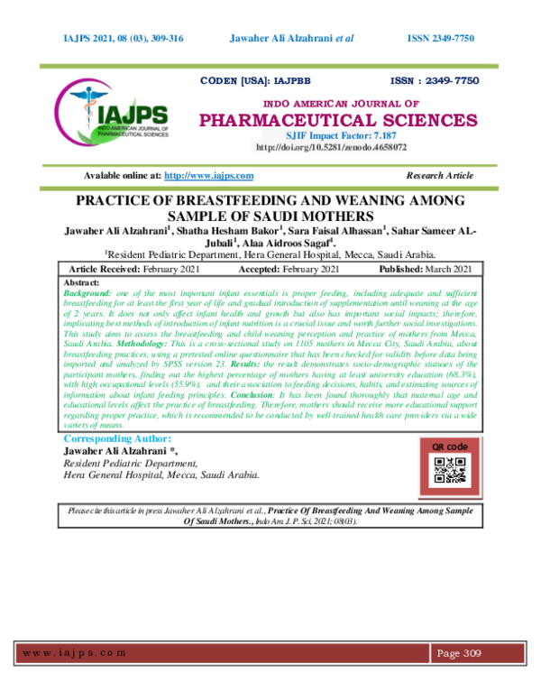 (PDF) PRACTICE OF BREASTFEEDING AND WEANING AMONG SAMPLE OF SAUDI MOTHERS