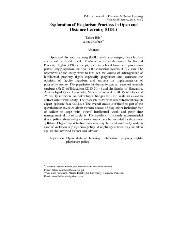 (PDF) Exploration of Plagiarism Practices in Open and Distance Learning ...