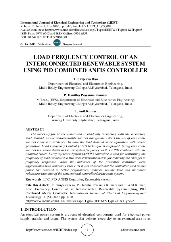 (PDF) LOAD FREQUENCY CONTROL OF AN INTERCONNECTED RENEWABLE SYSTEM ...