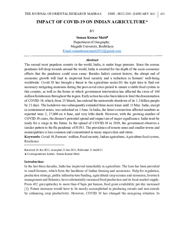(PDF) IMPACT OF COVID-19 ON INDIAN AGRICULTURE