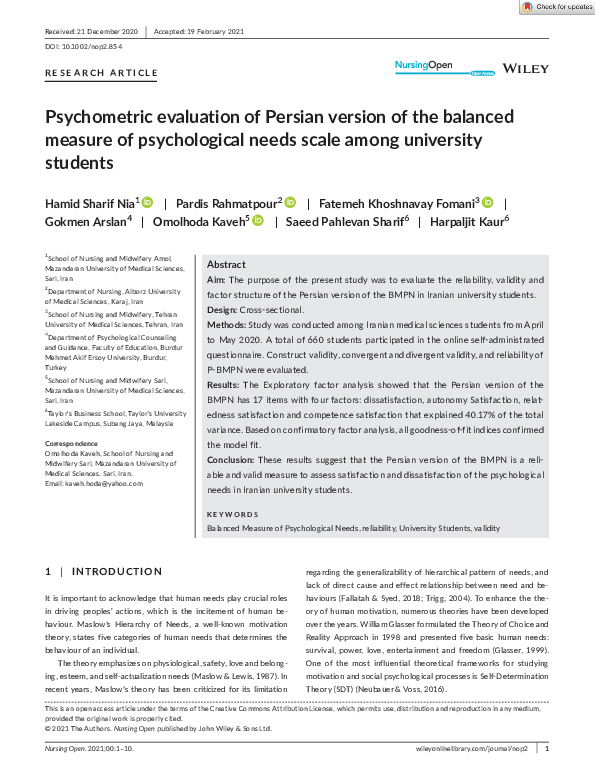 (PDF) Psychometric evaluation of Persian version of the balanced ...