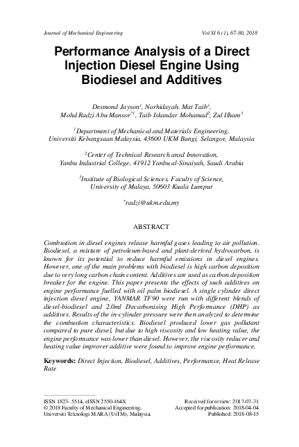 (PDF) Performance Analysis of a Direct Injection Diesel Engine Using ...