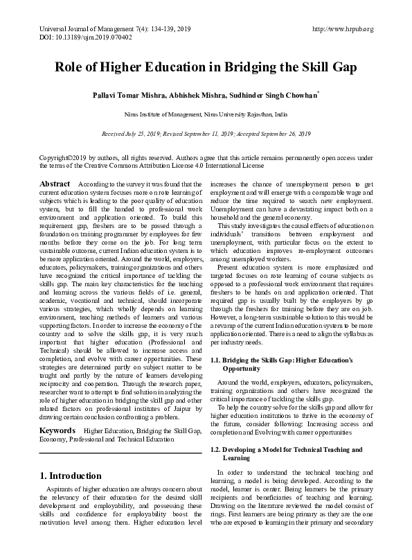 (PDF) Role of Higher Education in Bridging the Skill Gap