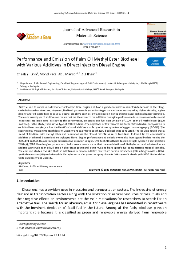 (PDF) Performance and Emission of Palm Oil Methyl Ester Biodiesel with ...