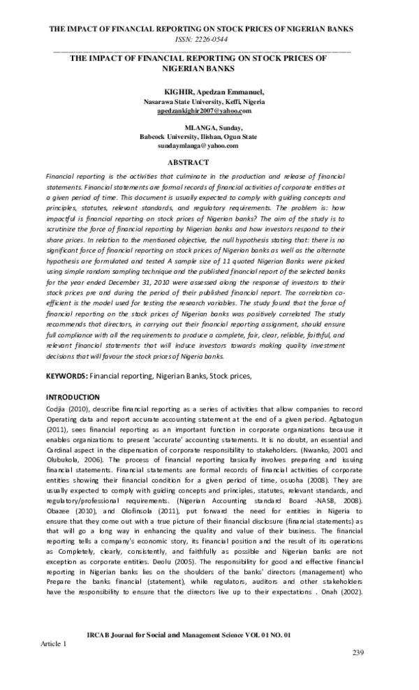 Pdf The Impact Of Financial Reporting On Stock Prices Of Nigerian Banks Apedzan E M M A N U E L Kighir Academia Edu