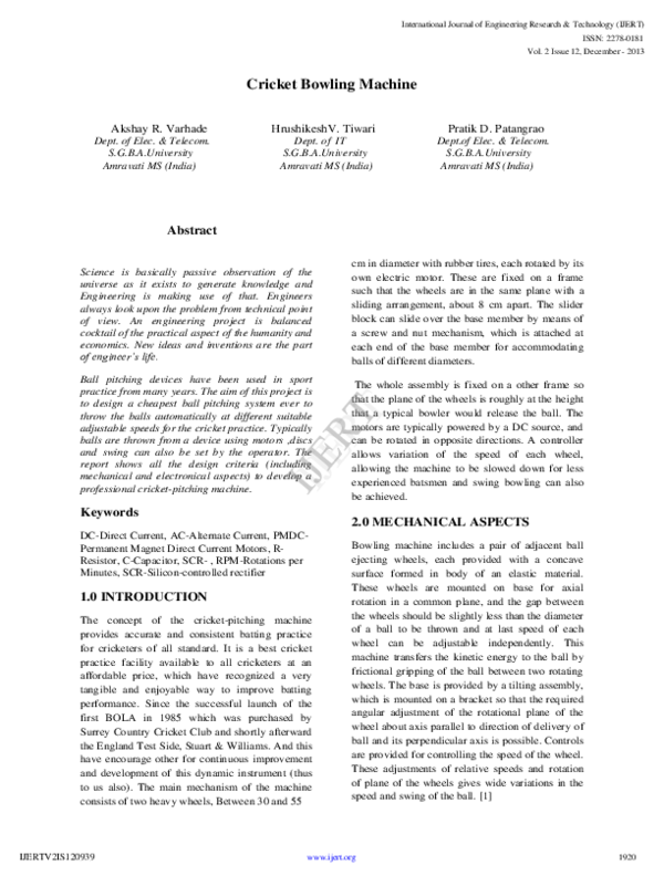 (PDF) IJERTCricket Bowling Machine IJERT Journal Academia.edu