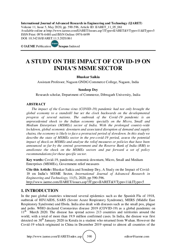(PDF) A STUDY ON THE IMPACT OF COVID-19 ON INDIA’S MSME SECTOR