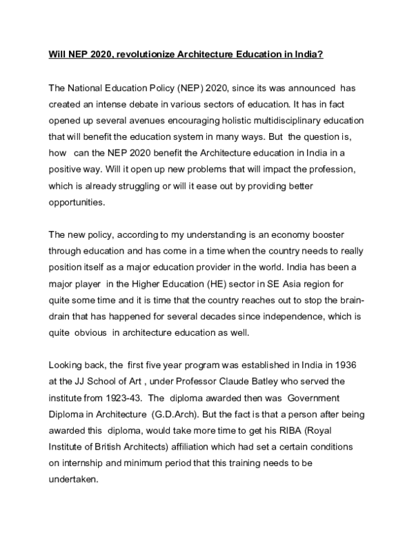 (DOC) Will NEP 2020, revolutionize Architecture Education in India
