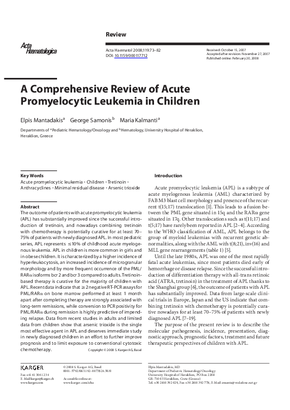(PDF) A Comprehensive Review of Acute Promyelocytic Leukemia in Children