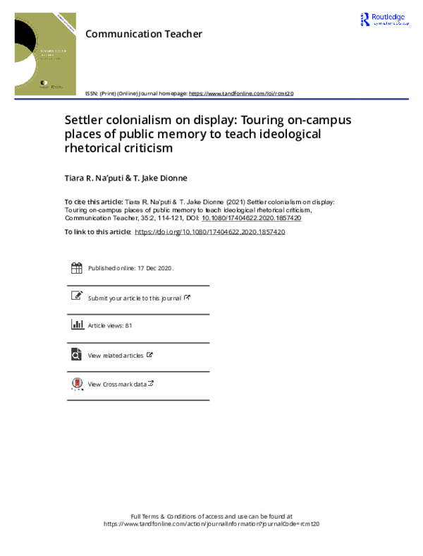 (PDF) Settler colonialism on display: Touring on-campus places of ...