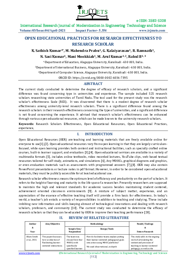 (PDF) OPEN EDUCATIONAL PRACTICES FOR RESEARCH EFFECTIVENESS TO RESEARCH ...