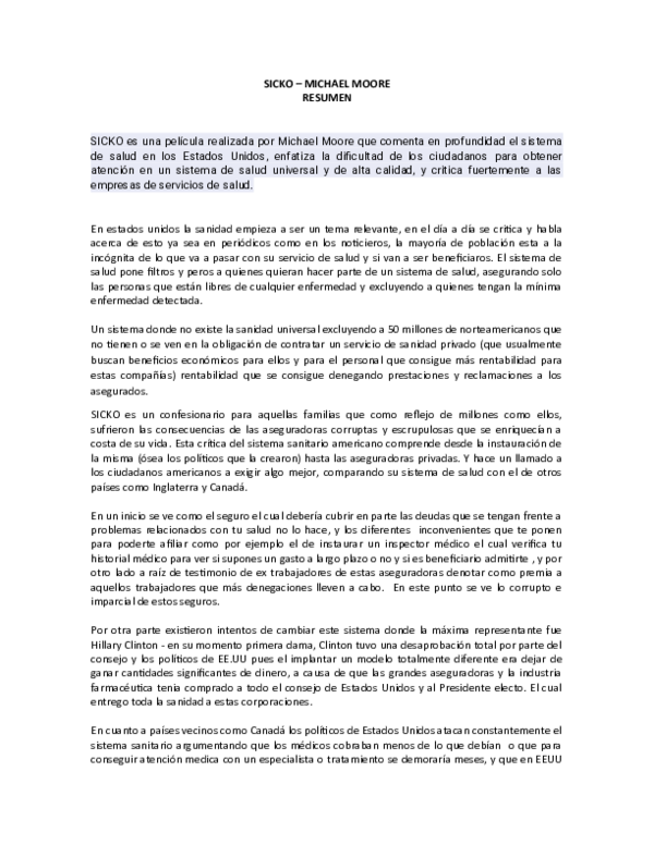 (DOC) SICKO MICHAEL MOORE RESUMEN