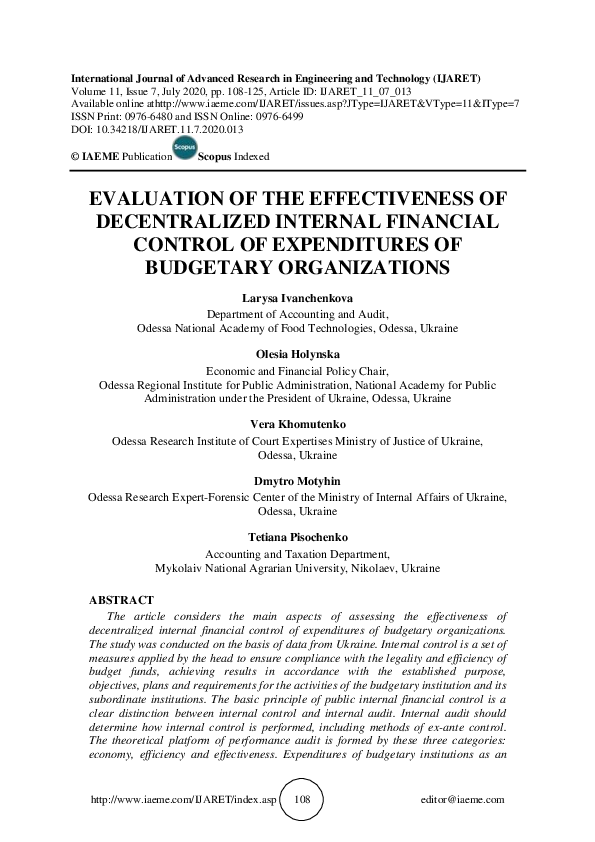 (PDF) EVALUATION OF THE EFFECTIVENESS OF DECENTRALIZED INTERNAL ...