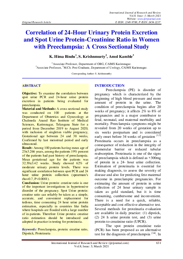 (PDF) Correlation of 24-Hour Urinary Protein Excretion and Spot Urine ...