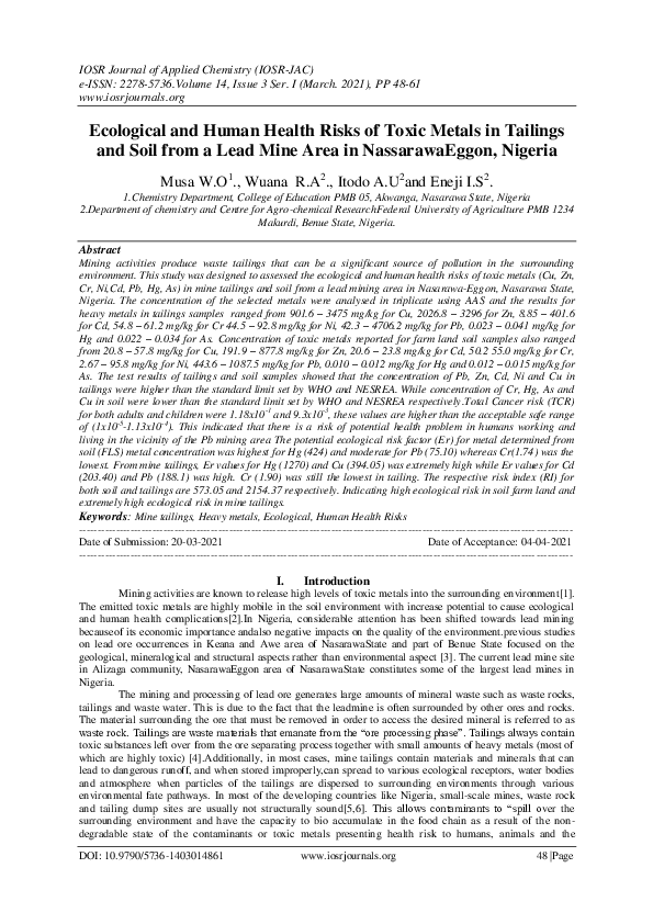 (PDF) Ecological and Human Health Risks of Toxic Metals in Tailings and ...