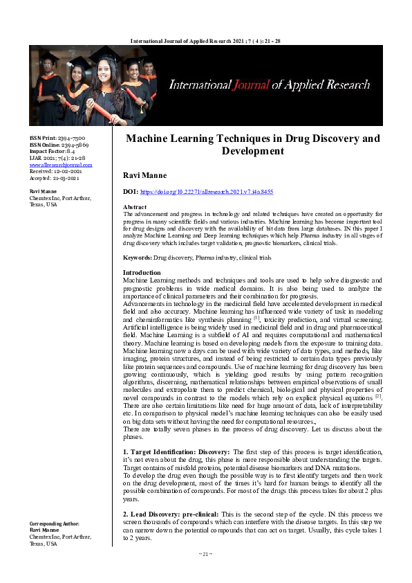 (PDF) Machine Learning Techniques in Drug Discovery and Development