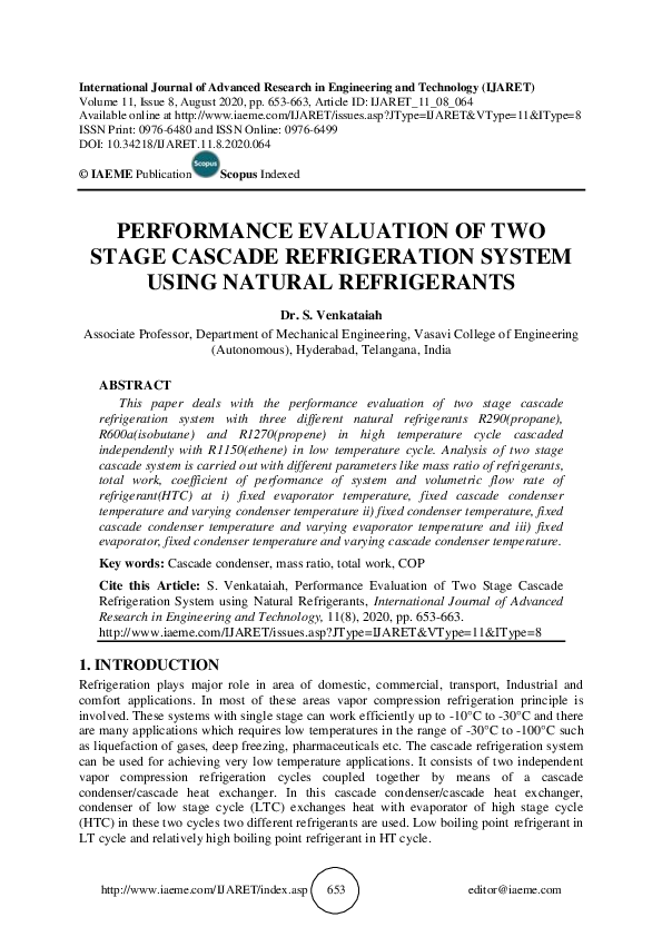 (PDF) PERFORMANCE EVALUATION OF TWO STAGE CASCADE REFRIGERATION SYSTEM ...