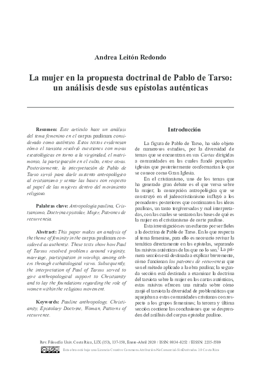 (PDF) La mujer en la propuesta doctrinal de Pablo de Tarso un análisis