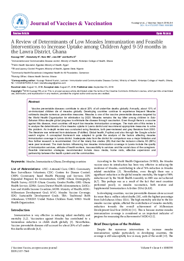 (PDF) A Review of Determinants of Low Measles Immunization and Feasible ...