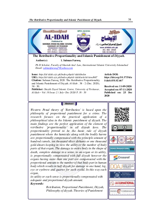 Pdf The Retributive Proportionality And Islamic Punishment Of Diyyah Scholar Pakistan Academia Edu
