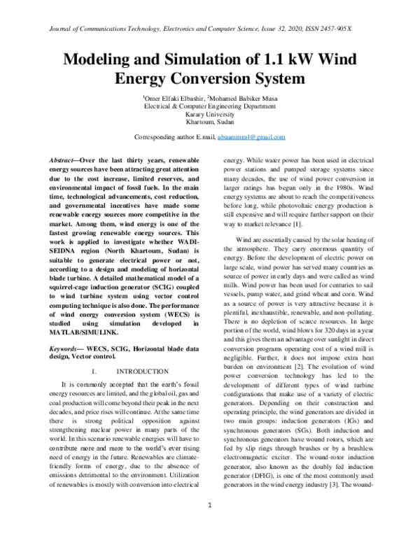 (PDF) Modeling and Simulation of 1.1 kW Wind Energy Conversion System