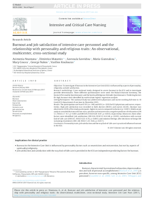 (PDF) Burnout and job satisfaction of intensive care personnel and ...