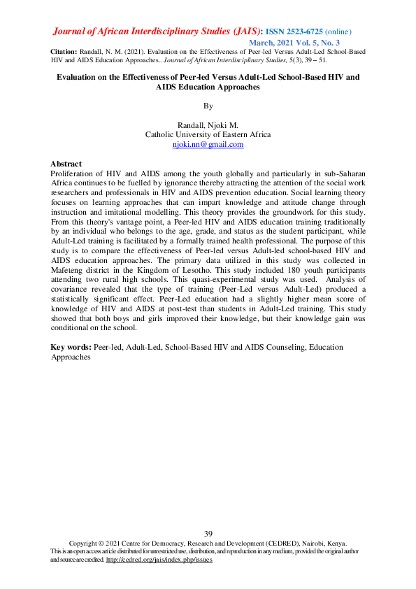 (PDF) Evaluation on the Effectiveness of Peer-led Versus Adult-Led ...