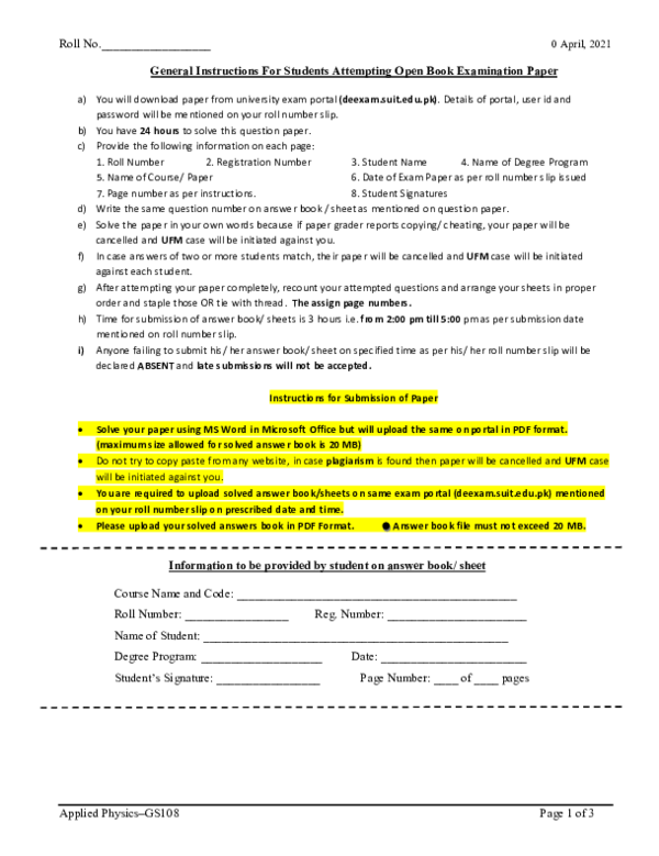 (PDF) Roll No.__________________ Information to be provided by student ...
